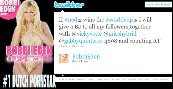 Bobbi Eden: If #ned wins the #worldcup I will give a BJ to all my followers,together with @vickyvette @misshybrid @gabbyquinteros 4898 and counting RT Bobbi Eden WM-Versprechen auf Twitter
