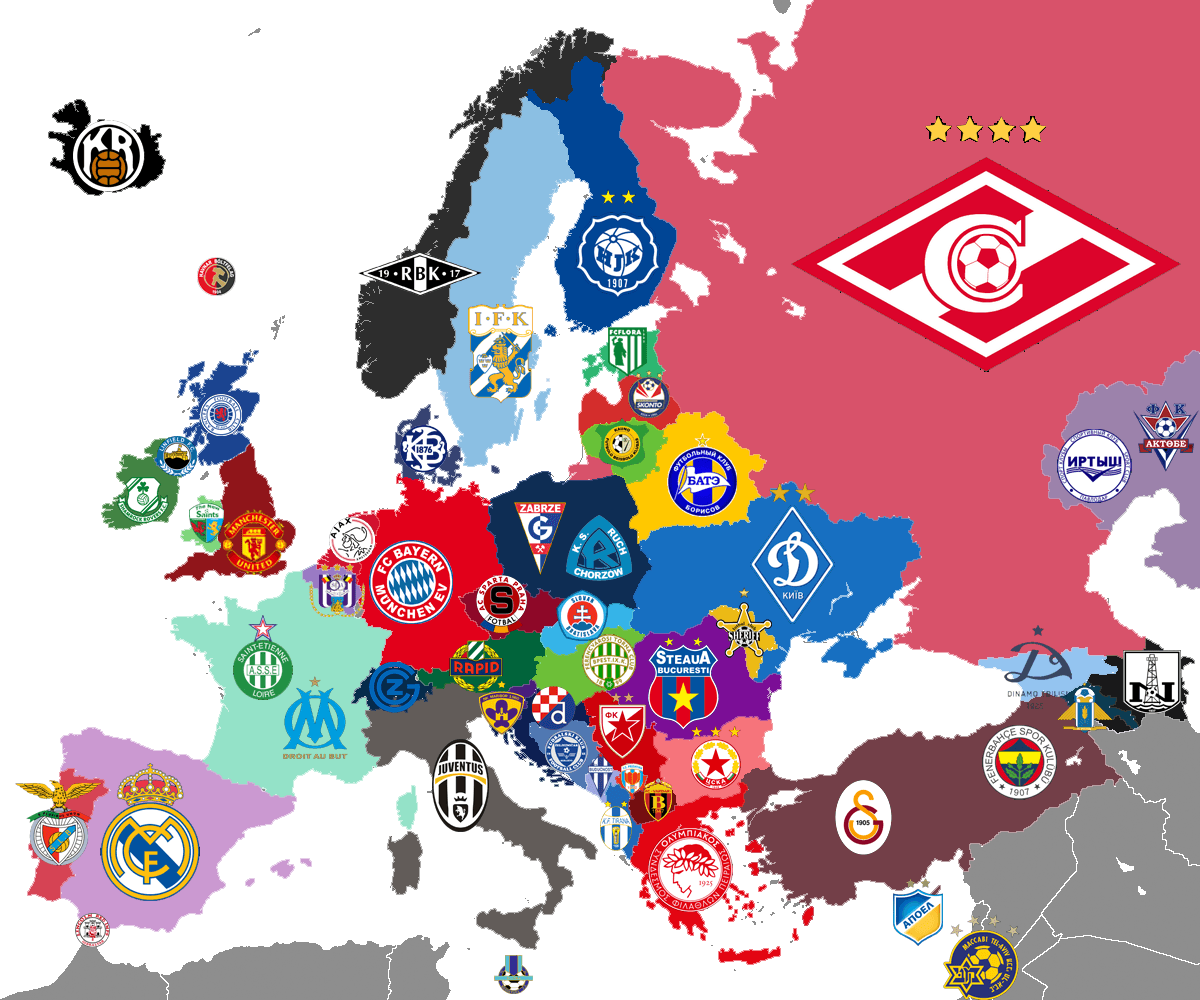 Europakarte der Vereine mit den meisten Ligatiteln